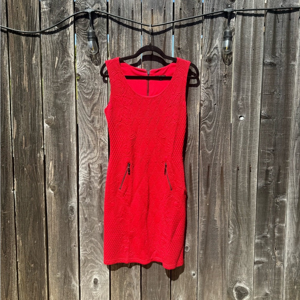 Alberto Makali Red Wool Scoop Neck Zip Back Bodycon Midi Dress medium